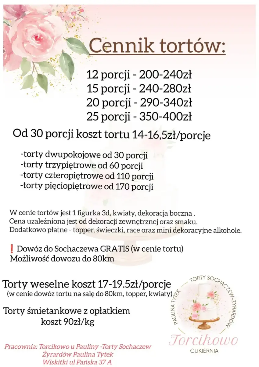 cennik tortów w ofertcie Torcikowo u Pauliny